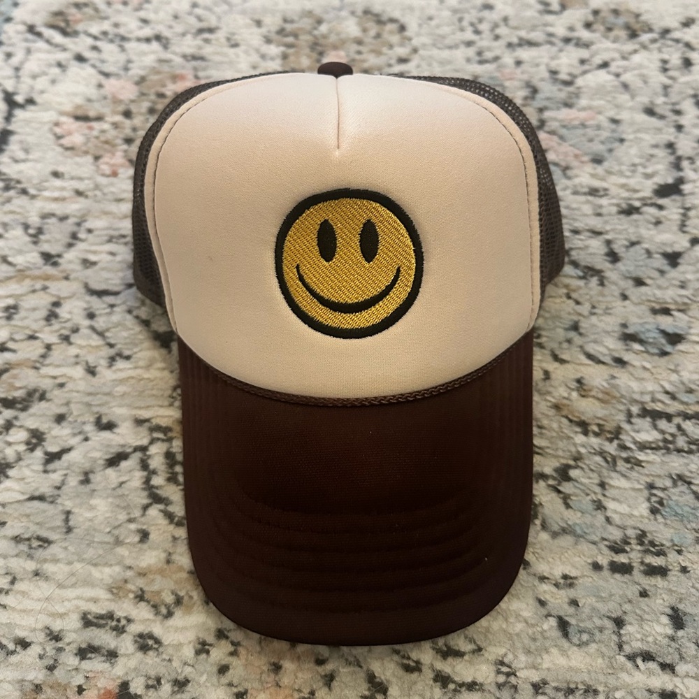 OTTO Brown and Cream Trucker Hat with Yellow Smiley Patch